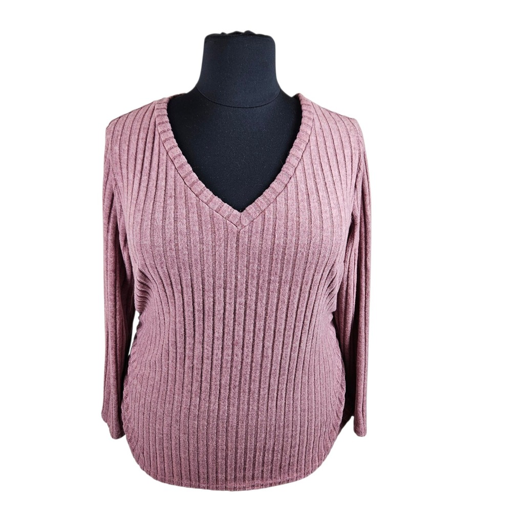 Shein Curve+ Womens 5X V Neck Ribbed Knit Long Sleeve‎ Pullover Top Pink Mauve - Picture 10 of 10